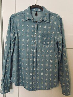 Stetson Western Top Snap Front Chambray Geometric Embroidery Womens Medium